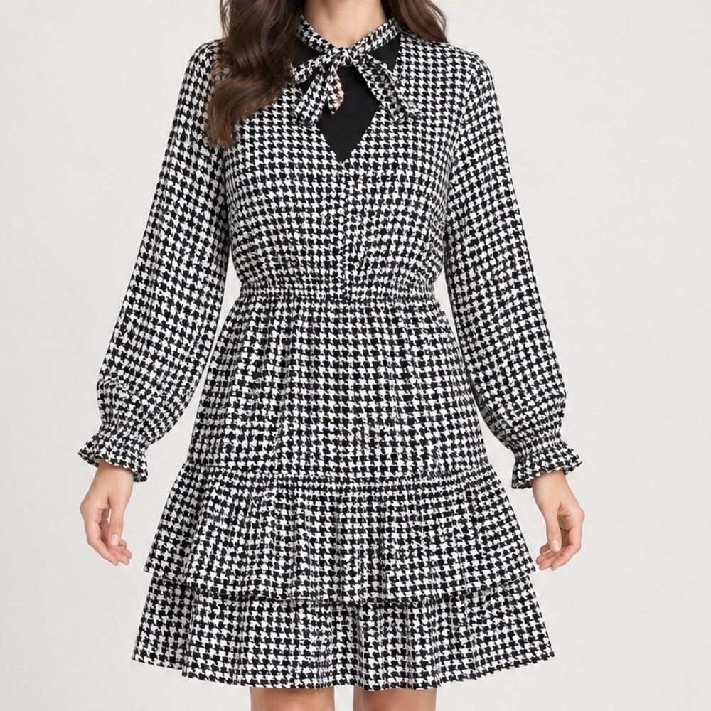 Nanette Lepore Women's Houndstooth Tie Neck Tiered Ruffle Dress 8 Preppy